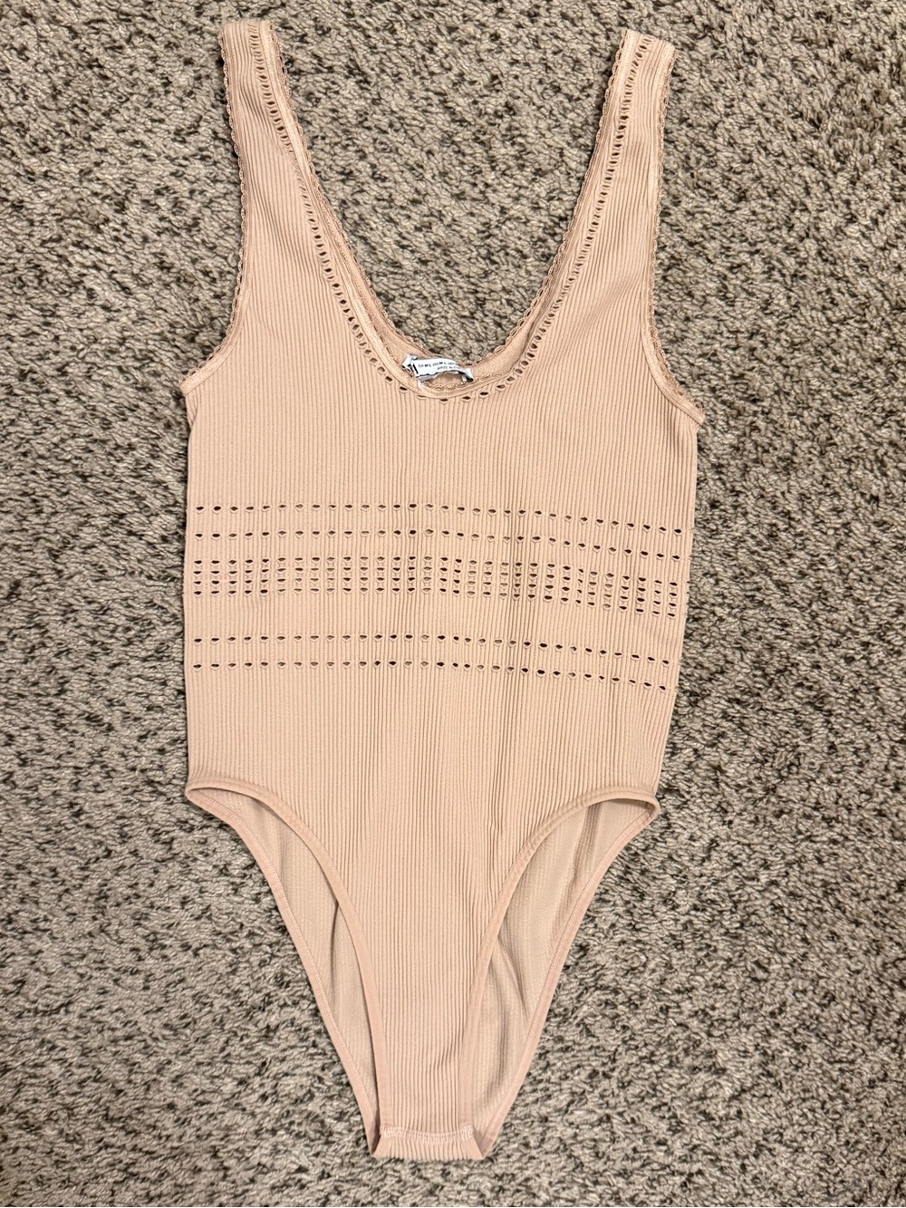 Zara Ribbed Eyelet-Detail Scoop-Neck Nude Sleeveless Bodysuit